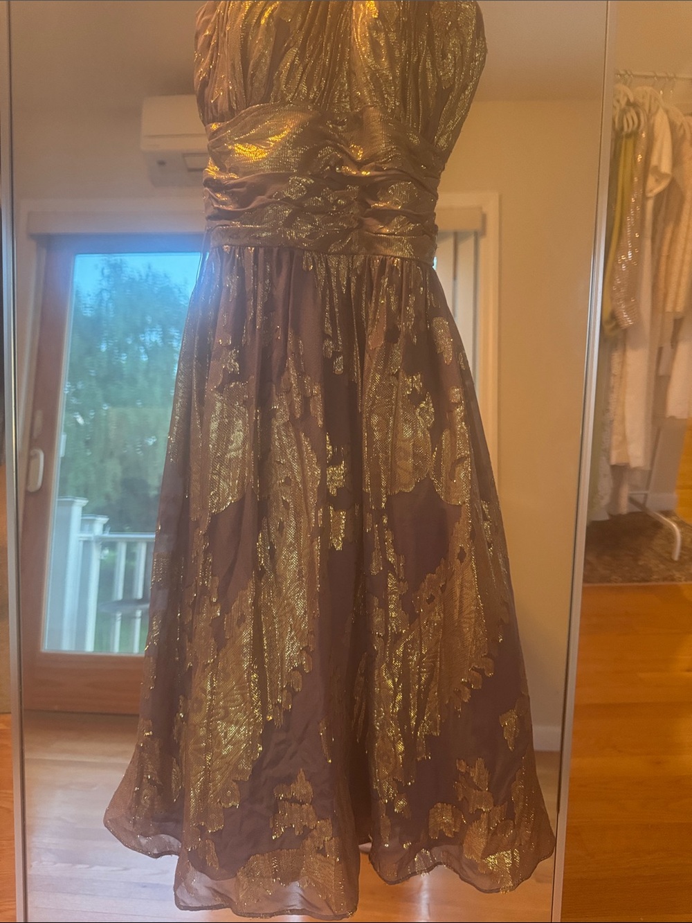 Backless Gold Metallic Brocade Evening Dress